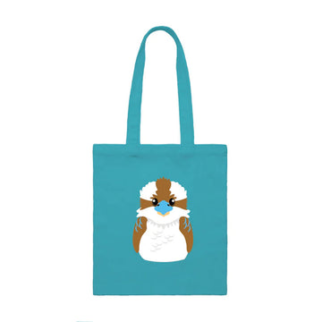 A teal blue tote bag with an illustration of a kookaburra on the front.