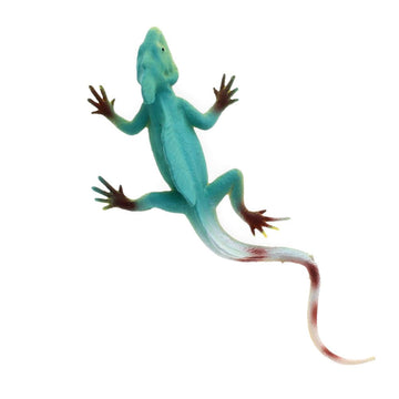 A lizard toy attached to a card with an illustration of a leaf and the heading 'Realistic Lizard'.