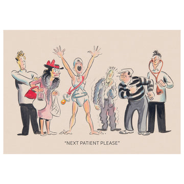 A postcard with an illustration of five people looking a man dressed like a baby.