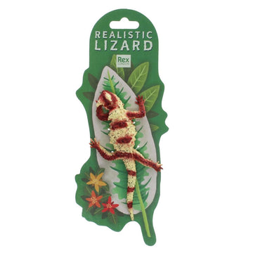 A lizard toy attached to a card with an illustration of a leaf and the heading 'Realistic Lizard'.