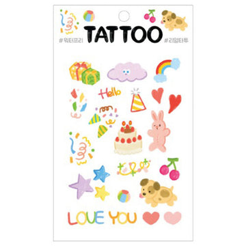Sheet of temporary tattoos with various designs including stars, hearts, and cartoon characters on a white background.