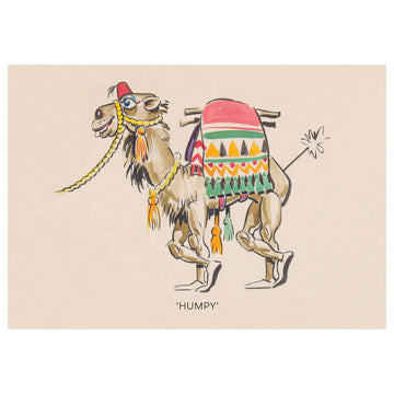 A postcard with an illustration of a camel and the heading 'Humpy'.