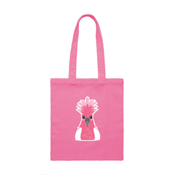 A pink tote bag illustrated with a galah on the front.