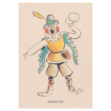 A postcard with an illustration of a man making an announcement and the heading 'Promoter'.