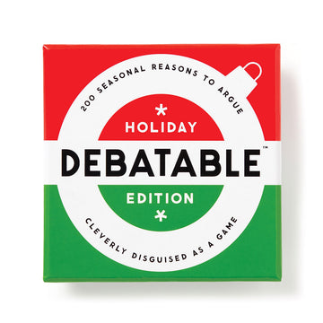 A box titled 'Debatable Holiday Edition' with a white outline of a bauble on a red and green background.