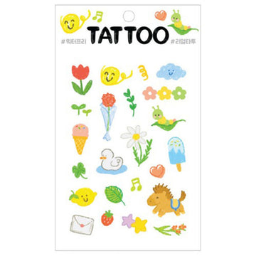Sheet of colorful temporary tattoos with various spring designs on a white background.