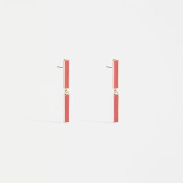 A pair of stud earrings featuring two thin pink bars linked together and bevelled in rose gold.