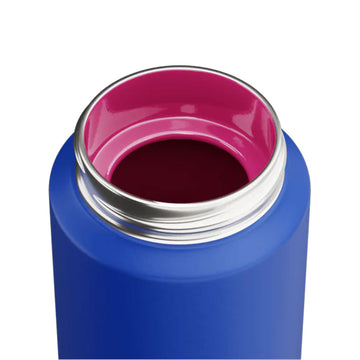 Blue water bottle with red cap and pink handle on a white background.