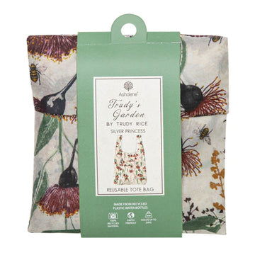 Reusable shopping bag with floral pattern on a white background.