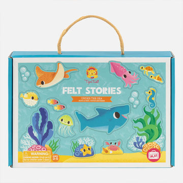A box titled 'Felt Stories' with images of sea creatures including a shark, jellyfish, turtles and coral.