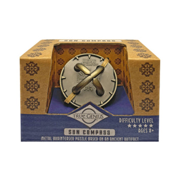 A metal puzzle inside a box titled 'Sun Compass'.