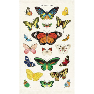 A tea towel illustrated with different butterflies and the heading 'Papillons'.