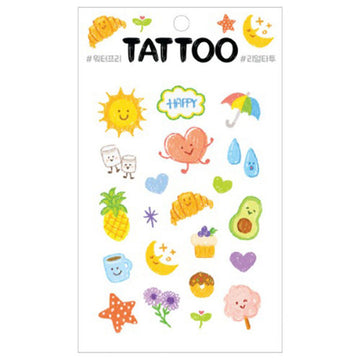 Sheet of colorful temporary tattoos with various designs on a white background.