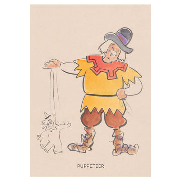 A postcard with an illustration of a puppeteer holding a line drawn puppet with the heading 'Puppeteer'.