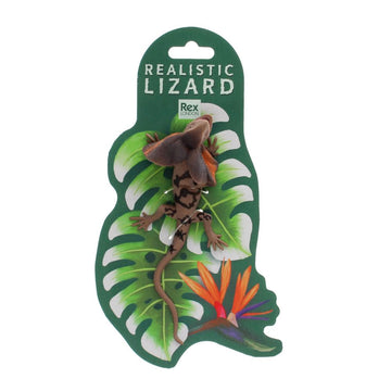 A realistic frill neck lizard toy attached to a card illustrated with leaves and the heading 'Realistic Lizard'.