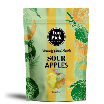 Packaging of 'You Pick We Mix' Sour Apples with green and yellow design.