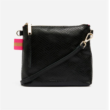 Front view of a square cross body bag in black with a snake texture and a matching strap diagonally across the bag.