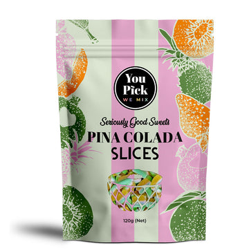 Packaging of You Pick We Mix Pina Colada slices with fruit illustrations on a pink and green background.