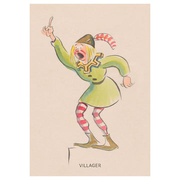 A postcard with an illustration of a woman yelling and holding her arm up.