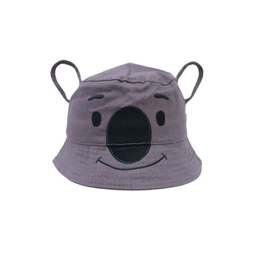 A grey kids bucket hat with koala ears and a face on the front.