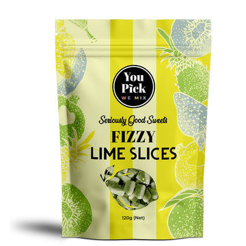 A packet titled 'Fizzy Lime Slices' with a fruit pattern in blue, green and yellow.