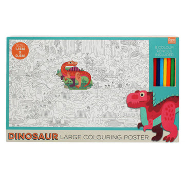 A box titled 'Dinosaur Large Colouring Poster' with a line drawing of dinosaurs ready to be coloured in. One dinosaur has already been coloured and there is a window in the box showing coloured pencils inside.