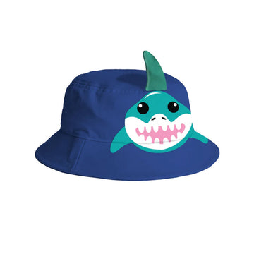 A kids bucket hat in blue with an illustration of a shark on the front with a 3D top fin.
