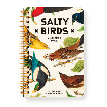 A spiral bound book with the heading 'Salty Birds A Sticker Book' with illustrations of different birds.