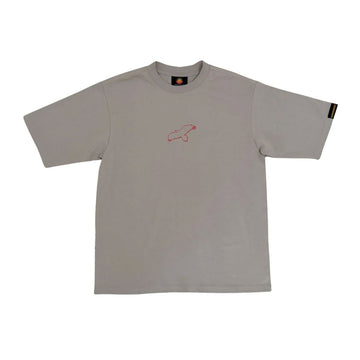Grey t-shirt with a small red outline of an eagle on a white background.