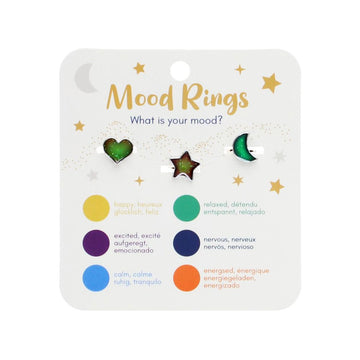 A white card with the heading 'Mood Rings What is your mood?' with a heart shaped, star shaped and moon shaped mood ring attached. There are colours below describing each mood.