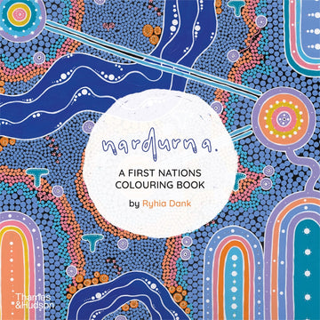 'Nardurna' book cover featuring an Indigenous painting in the background with dots in blue and orange and drawings of colourful arches.