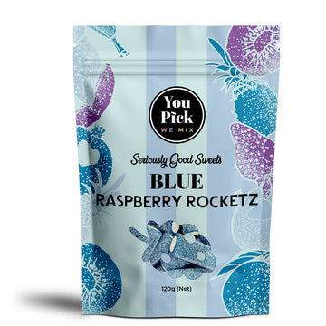 Packaging of Blue Raspberry Rocketz sweets with fruit design on a white background.