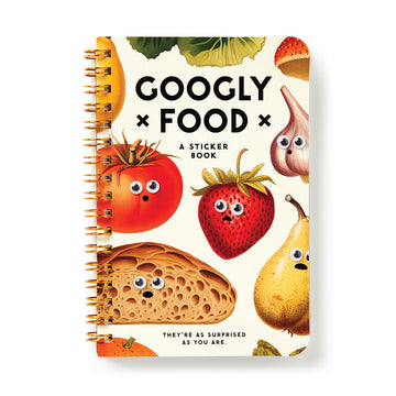 A spiral bound book with the heading 'Googly Food A Sticker Book' with illustrations of different fruits wearing googly eyes.