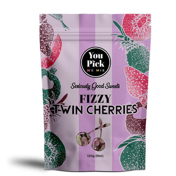 Packaging of 'Seriously Good Sweets Fizzy Twin Cherries' with colorful fruit illustrations on a white background.