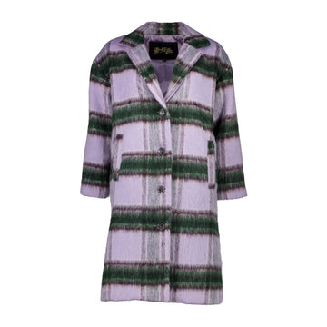 A women's woolen coat in purple with green horizontal stripes.