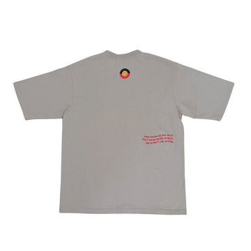 Grey t-shirt with a small red outline of an eagle on a white background.