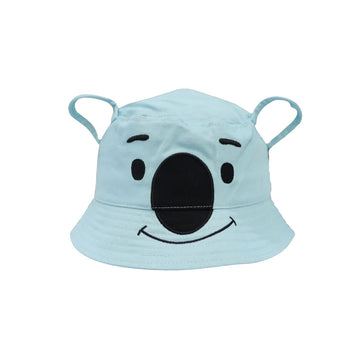 A kids bucket hat in blue with koala ears and face.