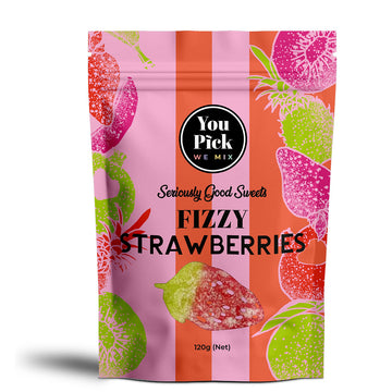 Packaging of 'Seriously Good Sweets Fizzy Strawberries' with colorful design on a white background.