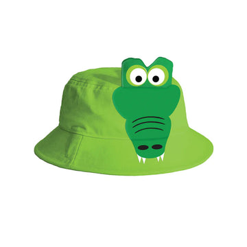 A kids green bucket hat with an illustration of a crocodile face on the front.