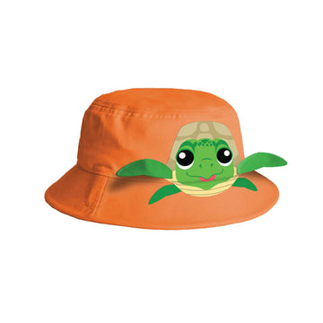 A kids orange bucket hat with an illustration of a turtle on the front with 3D flippers.