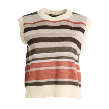 A striped knitted vest in shades of brown and orange.