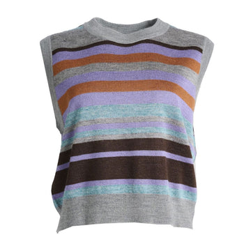 A knitted vest in grey, brown and purple.