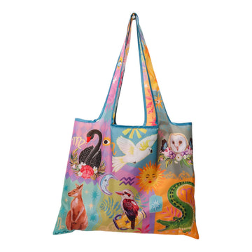 Colorful tote bag with animal and nature-themed design on a white background.