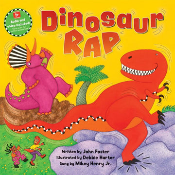 'Dinosaur Rap' book cover featuring an illustration of two colourful dinosaurs dancing.