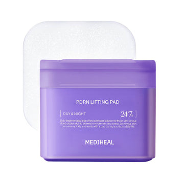 Purple container of MEDIHEAL PDRN Lifting Pad with a white lid on a white background.