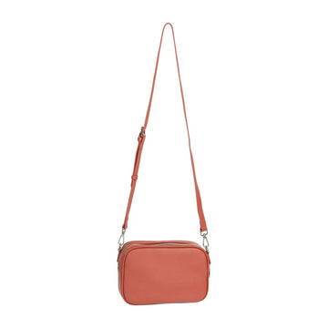 Front view of a box shaped cross body bag in terracotta.