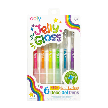 A set of six coloured gel pens in a box with a cut out front and the heading 'Jelly Gloss'.