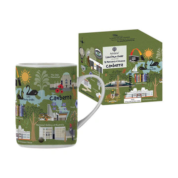 Mug and packaging with Canberra landmarks on a green background.