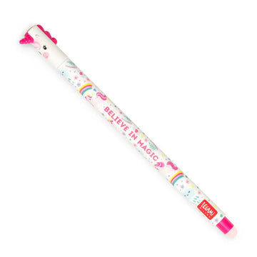 A white pen illustrated with rainbows and flowers and a unicorn face at the top and the text 'Believe in Magic' written down the side.