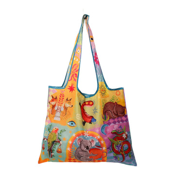 Colorful tote bag with animal and nature-themed design on a white background.